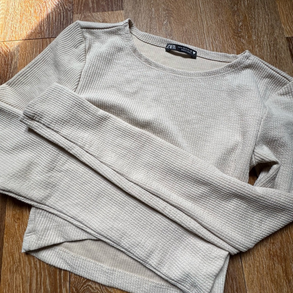 Zara Cream Ribbed Long Sleeve Top